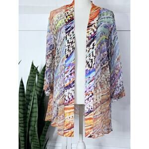 Serengeti Womens 1X Plus Tropical Burst Mesh Knit Cardigan Open Front 3Q Sleeve